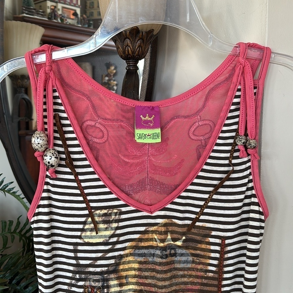 Save The Queen! V-Neck Tank Top Striped Embroidered Horse Beaded Mesh Back Italy - Picture 6 of 14